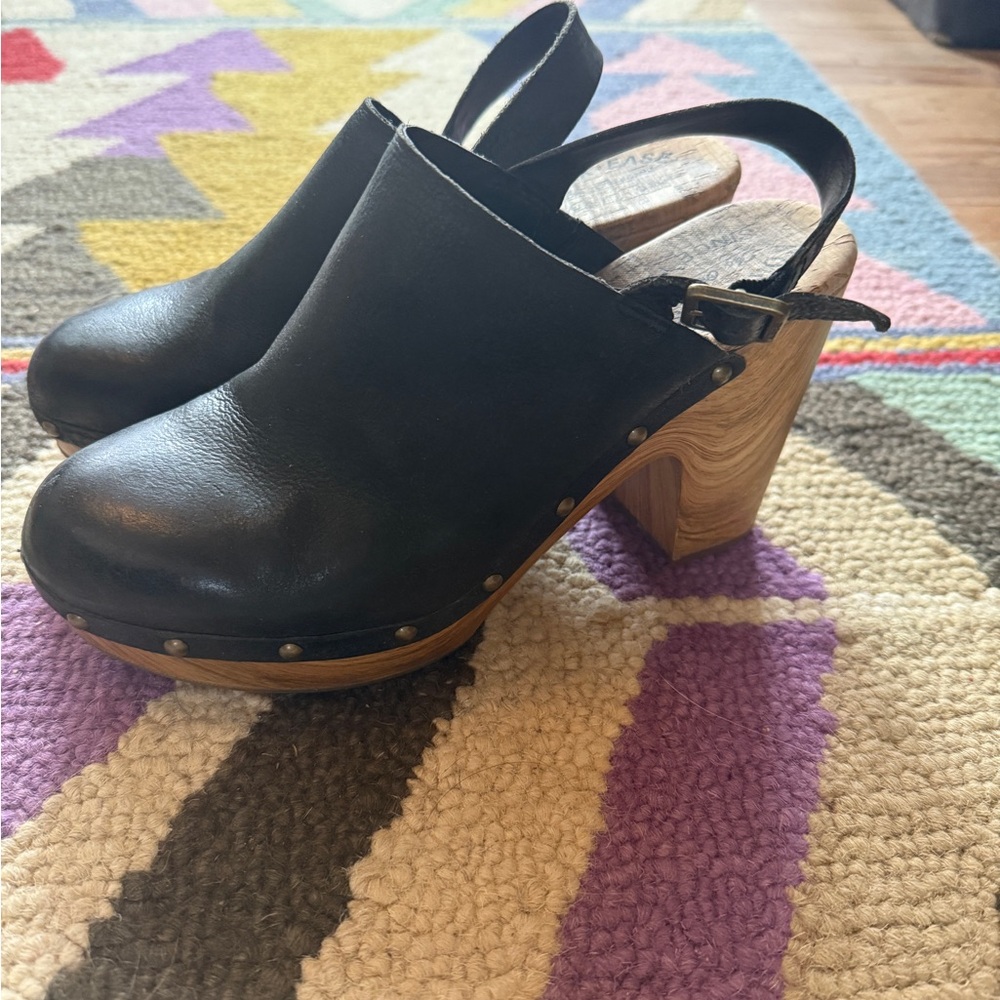 Kork-Ease Black Leather Mules with Wooden Heel